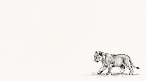 Minimalist Charcoal Sketch of Walking Lion Cub