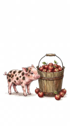 Spotted Piglet Beside Apple Bucket Illustration