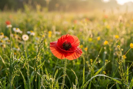 Red Poppy in Morning Meadow