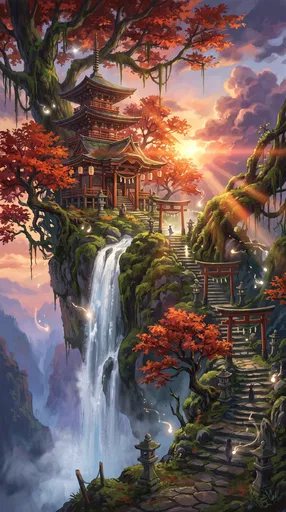 Mystical Pagoda Shrine on Waterfall Cliff