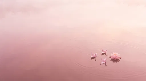 Pink Origami Cranes and Lotus on Pond