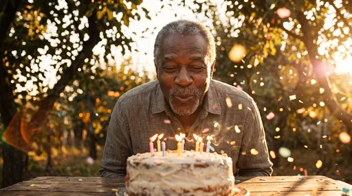 Senior Man Blowing Out Birthday Candles Outdoors