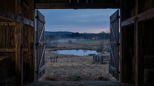 Twilight Farmland View Through Open Barn Doors