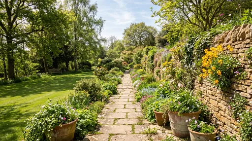 Sunlit Limestone Pathway in English Country Garden