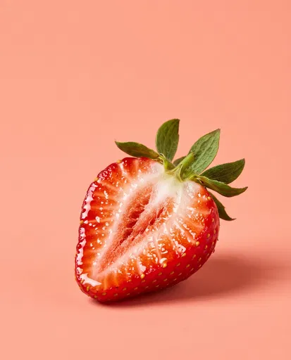Glossy Halved Strawberry on Coral Background