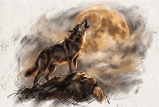 Charcoal Sketch of Wolf Howling at Moon
