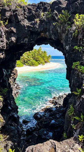 Tropical Islet Through Lava Rock Arch