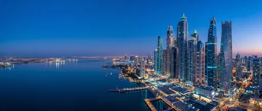 Twilight Aerial Skyline and Calm Harbor