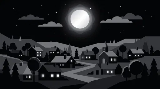 Monochrome Flat Illustration of Moonlit Village