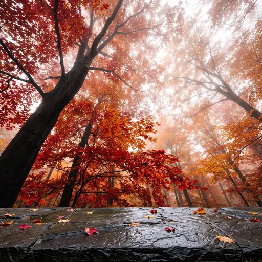 Wet Slate Ledge in Misty Autumn Forest