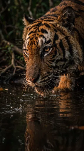 Tiger Drinking from Dark Forest Water