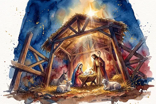 Watercolor Christmas Nativity Scene Under Starlight