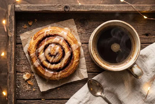 Cinnamon Roll and Coffee Flat Lay