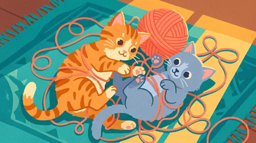 Two Kittens Tangled in Coral Yarn