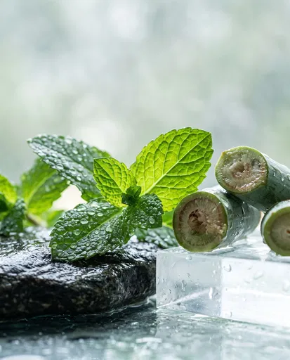 Dewy Mint Leaves and Sliced Stems