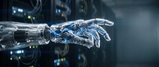 Translucent Robotic Hand in Server Room