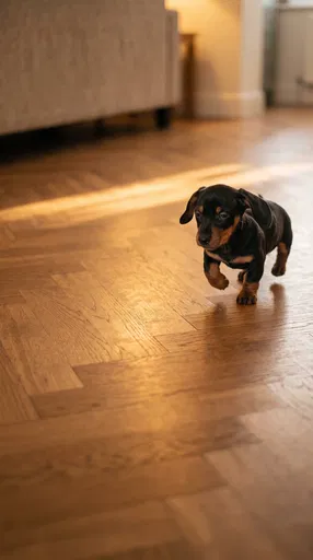 Dachshund Puppy Trotting on Sunlit Floor