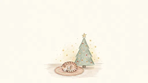 Sleeping Cat by Christmas Tree Illustration