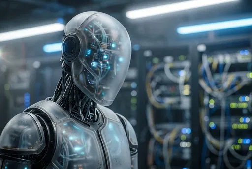 Translucent AI Robot in Server Room