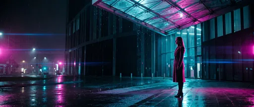 Woman Under Neon Glass Canopy at Night
