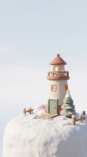 Miniature Clay Christmas Lighthouse on Snow