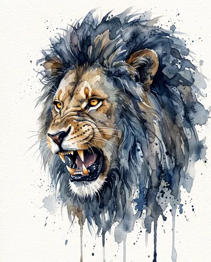 Watercolor Illustration of Snarling Male Lion