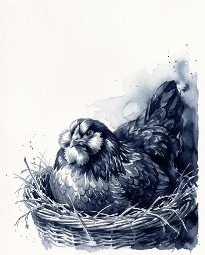 Indigo Watercolor Illustration of Nesting Hen