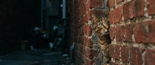 Tabby Cat Peeking Around Brick Corner