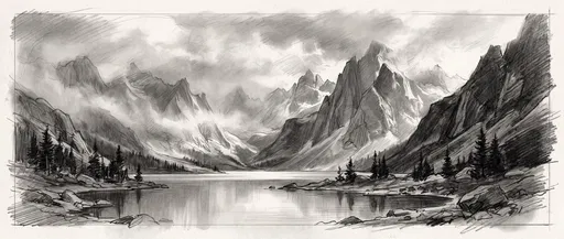 Graphite Pencil Sketch of Alpine Mountain Lake
