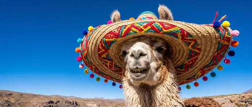 Cheerful Llama Wearing Colorful Sombrero Outdoors