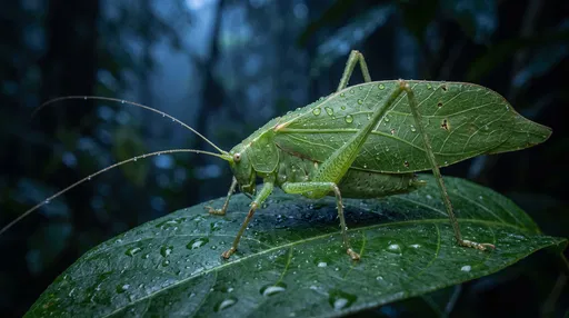 Green Leaf Katydid on Wet Rainforest Leaf