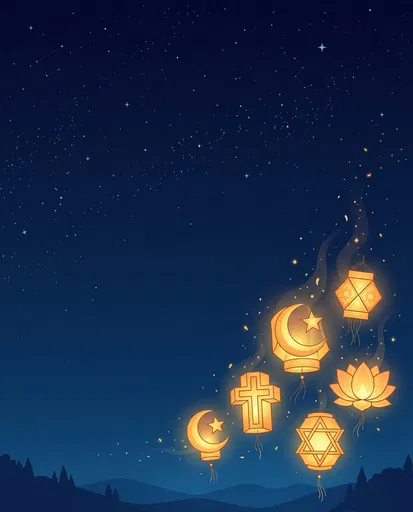 Glowing Religious Symbol Lanterns in Night Sky