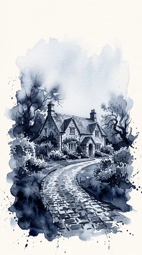Indigo Watercolor English Cottage Illustration
