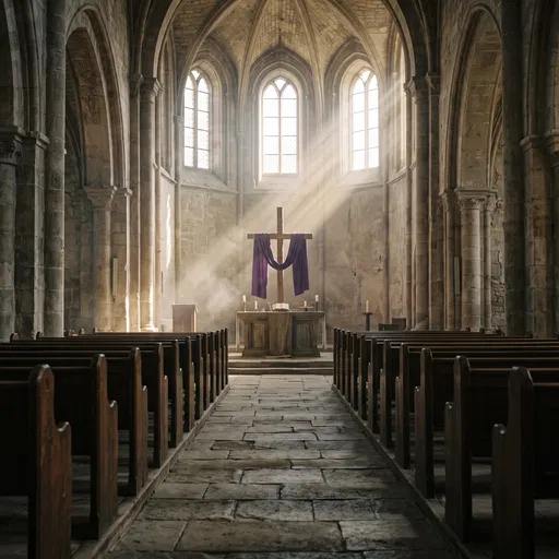 Ancient Stone Church With Purple Draped Cross