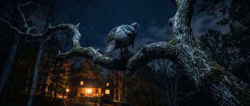 Wild Turkey Roosting on Branch at Night