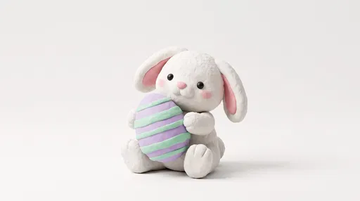 3D Clay White Bunny Holding Easter Egg