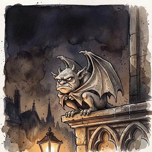 Grumpy Watercolor Gargoyle on Stone Ledge