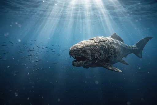 Prehistoric Dunkleosteus Swimming in Deep Ocean