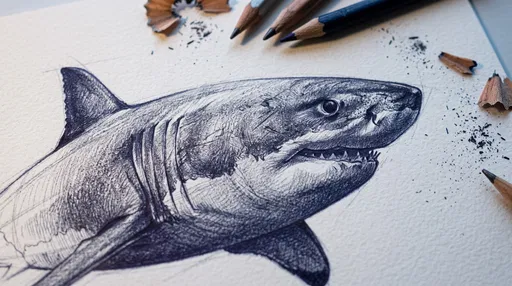 Detailed Pencil Sketch of Great White Shark