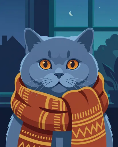 British Shorthair Cat in Cozy Scarf Illustration
