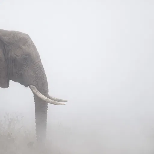 Minimalist Elephant Portrait in Dense Fog