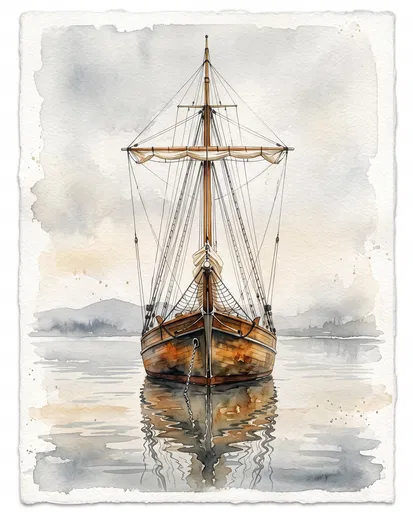 Watercolor Illustration of Anchored Wooden Sailboat