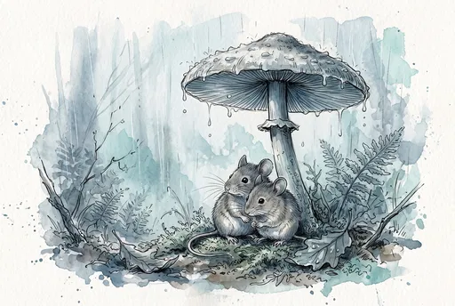 Two Mice Sheltering Under Mushroom in Rain
