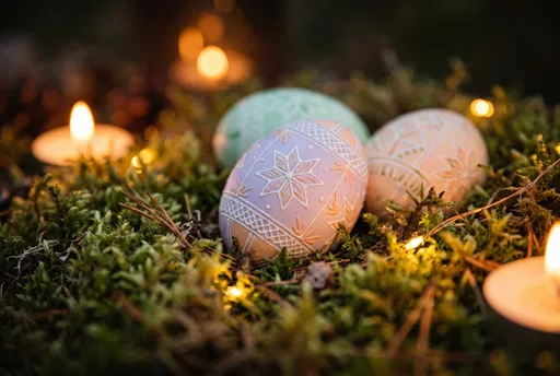 Pastel Easter Eggs on Moss with Candles