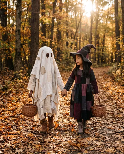 Children in Handmade Halloween Costumes in Forest