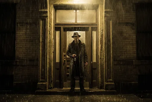 Noir Figure in Rainy Doorway