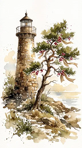 Watercolor Stone Lighthouse and Holiday Pine Tree