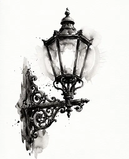 Victorian Streetlamp Ink and Watercolor Illustration