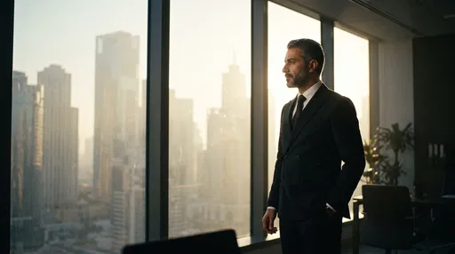 Executive Looking Out Office Window at Sunrise