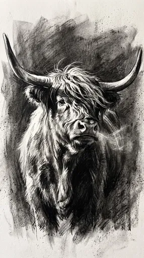 Charcoal Drawing of a Highland Bull